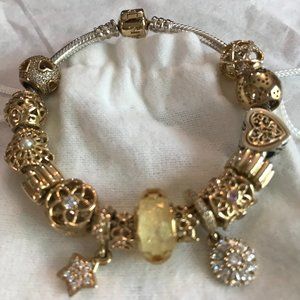 Pandora Sterling Silver & Gold Bracelet with Real Gold Charms